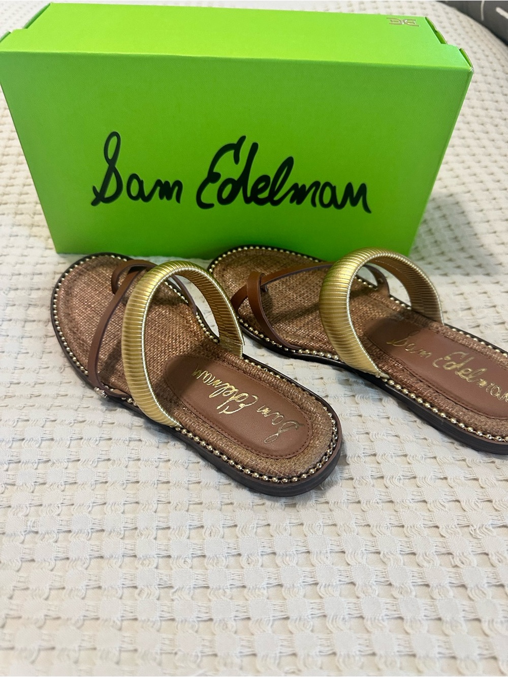 Sam Edelman Gold and Brown Slide Sandals with Textured Straps